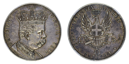 Italian States, Eritrea (Africa) 1891 Ag 5 Lire/Tallero