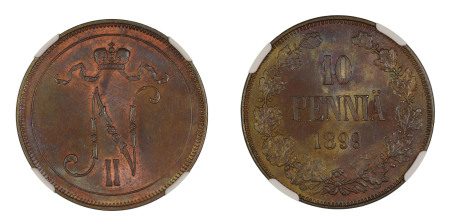 Finland 1899, 10 Pennia. Graded MS 63 Brown by NGC - only two coins graded higher.