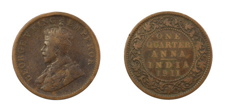 India, British 1911, 1/4 Anna, in Fine condition