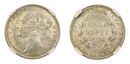 India, British 1840(B&C), 1/2 Rupee. S&W-3.46 Type A/1 24 Berries - ".W.W". Graded MS 64 by NGC. 