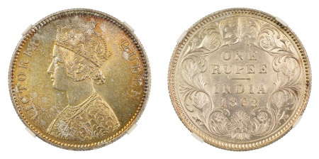 India, British 1862(C), 1 Rupee. Graded MS 63 by NGC. 