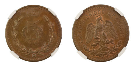 Mexico 1927Mo, 5 Centavos. Graded MS 65 Brown by NGC - only three coins graded higher.