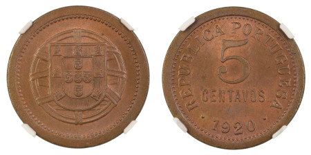 Portugal 1920, 5 centavos. Rare date . Graded MS 65 Red Brown by NGC. - Only one coin graded higher.