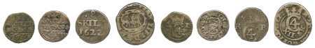 Denmark, 4 coin lot. 1621 1 Skilling, 1632 2 Skilling, 1622 8 Skilling, 1622 12 Skilling