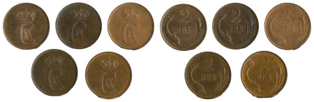 Denmark, 5 coin lot of 2 Ore, 1874 CS / 1880 CS / 1886 CS / 1889 CS / 1902 VBP in EF-AU condition