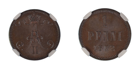 Finland 1872, 1 Penni. Graded MS 64 Brown by NGC - Only one coin graded higher.