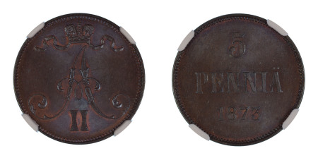 Finland 1873, 5 Pennia. Graded MS 64 Brown by NGC - Only one coin graded higher.