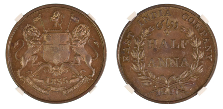 India 1835 (B) (Cu). 1/2 Anna. Graded MS 64 Brown by NGC