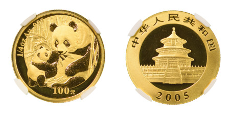 China PRC, 2005 (Au) 100 Yuan, Panda, graded MS 70 by NGC