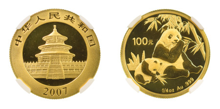 China PRC, 2007 (Au) 100 Yuan, Panda, graded MS 68 by NGC