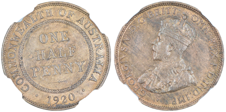 Australia 1920 1/2 PENNY. Graded MS 63 RB by NGC.