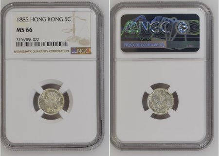 Hong Kong 1885 5 Cents. Graded MS 66 by NGC.