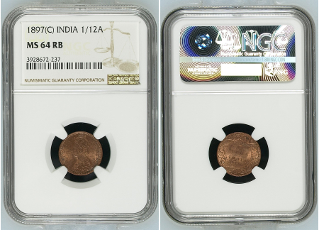 India 1897 (C) 1/12 Anna. Graded MS 64 RB by NGC.