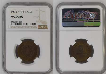 Angola 1923 5 Centavos. Graded MS 65 BN by NGC.