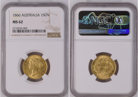 Australia 1866 1 SOVEREIGN. Graded MS 62 by NGC.