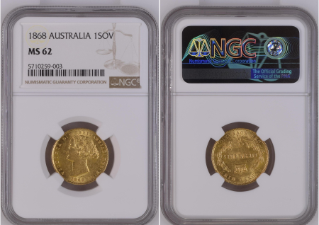 Australia 1868 G 1 SOVEREIGN. Graded MS 62 by NGC.