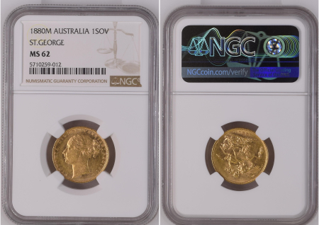 Australia 1880M G 1 Sovereign St.george. Graded MS 62 by NGC.