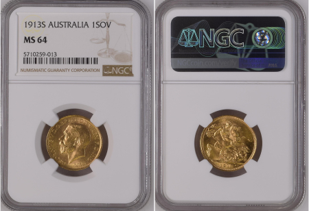 Australia 1913 S 1 Sovereign. Graded MS 64 by NGC.