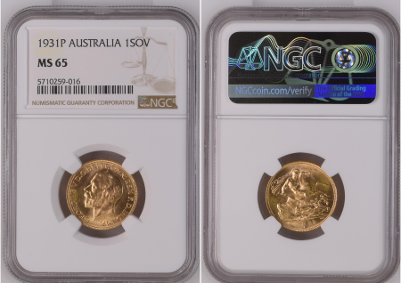 Australia 1931 P G 1 Sovereign. Graded MS 65 by NGC.