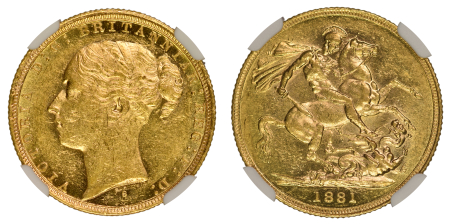 Australia 1881 S , Sovereign, St. George. Graded MS 60 by NGC.