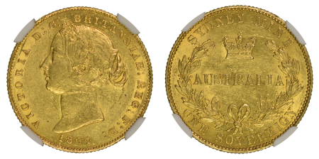 Australia 1864 1 Sovereign, Graded AU 58 by NGC.