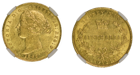 Australia 1862 1 Sovereign. Graded AU 58 by NGC.