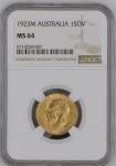 Australia 1923M Sovereign,  Graded MS 64 by NGC.