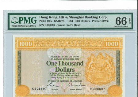 Hong Kong, HSBC $1,000 dollars bank note, 31st March 1983, Graded Gem Uncirculated 66 (EPQ) by PMG