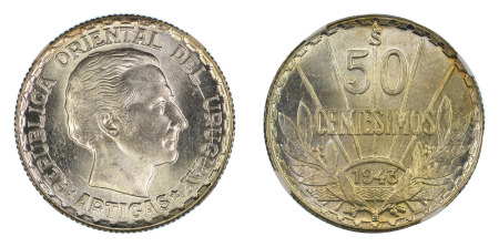 Uruguay 1943 So (Ag) 50 Centesimos (KM 31), NGC Graded MS 65
