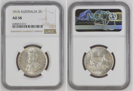 Australia 1914,  2 Shillings. Graded AU 58 by NGC.