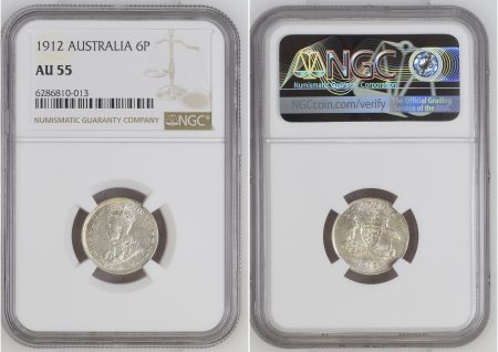 Australia 1912 6 Pence. Graded AU 55 by NGC.