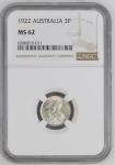 Australia 1922, 3 Pence. Graded MS 62 by NGC.
