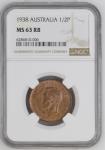 Australia 1938 1/2 Penny. Graded MS 63 RB by NGC.