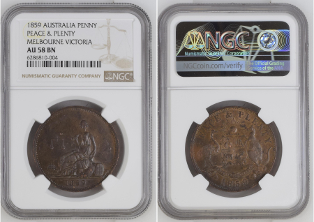 Australia 1859, PENNY, Peace & Plenty Melbourne Victoria. Graded AU 58 BN by NGC.