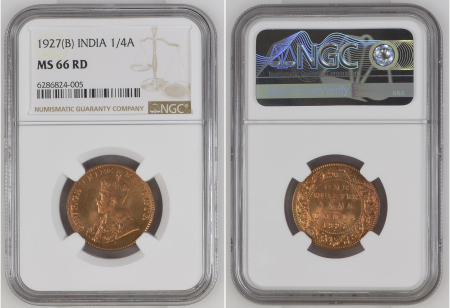 India 1927(B) 1/4A. Graded MS 66 RD by NGC.