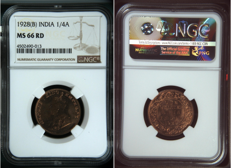 India 1928(B) 1/4 Anna. Graded MS 66 RD by NGC.