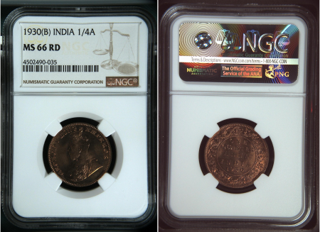 India 1930(B) 1/4A. Graded MS 66 RD by NGC.