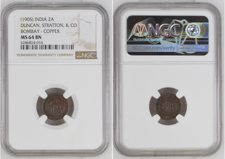 India 1905 2A Duncan, Stratton, & Co Bombay - Copper. Graded MS 64 BN by NGC.