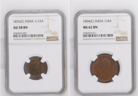 India 1876(C) 1/12A. Graded AU 58 BN by NGC.