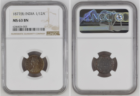 India 1877(B) 1/12 Anna. Graded MS 63 BN by NGC.