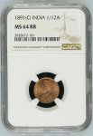 India 1891(C) 1/12A. Graded MS 64 RB by NGC.