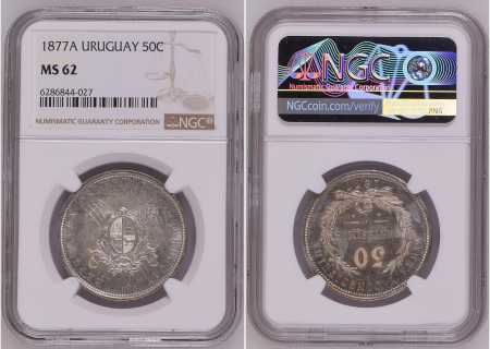 Uruguay 1877A 50C. Graded MS 62 by NGC.