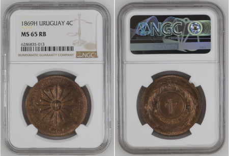 Uruguay 1869H 4C. Graded MS 65 RB by NGC.