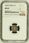 India 1897C, 2 Annas . Graded MS 63 by NGC.