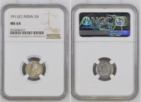 India 1911(C), 2 Annas . Graded MS 64 by NGC, only 5 graded higher.