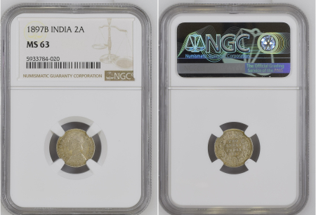 India 1897B, 2 Annas. Graded MS 63 by NGC.