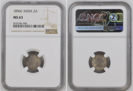 India 1896C, 2 Annas. Graded MS 63 by NGC - only 3 graded higher