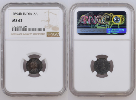 India 1894B 2 Annas. Graded MS 63 by NGC.
