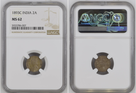 India 1893C 2 Annas. Graded MS 62 by NGC.