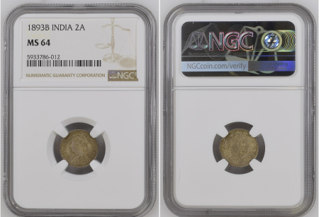 India 1893B 2 Annas. Graded MS 64 by NGC with only 2 coins graded higher.